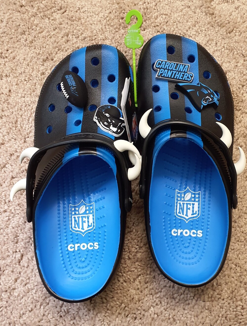Crocs Carolina Panthers Size US M9 / W11 Color Blue Classic 4 Charms Included